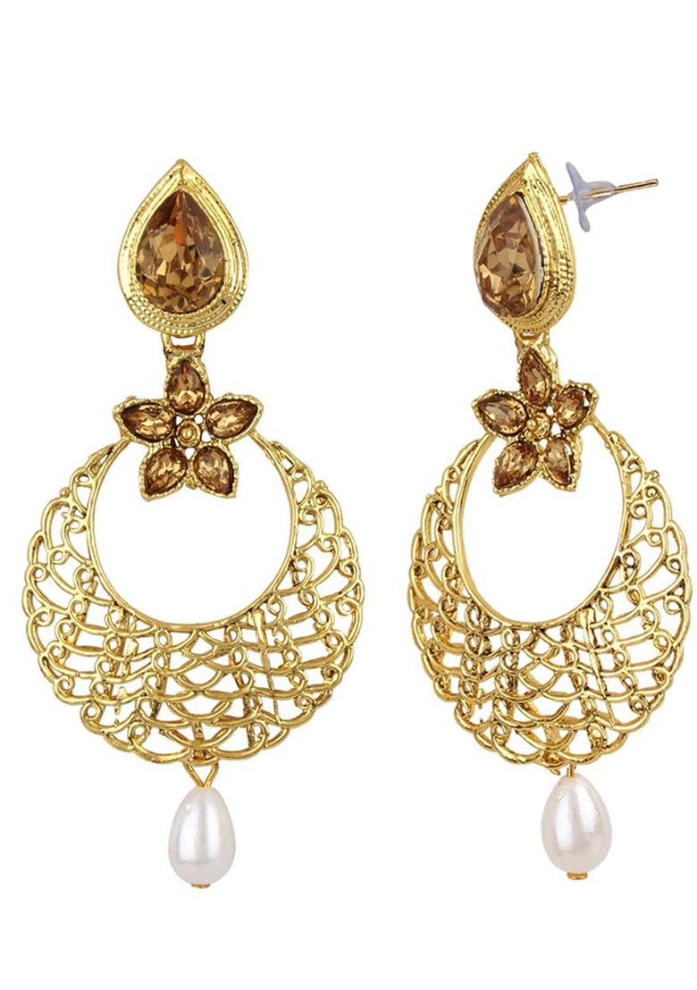 Gold Stones Studded Gold Plated Enamelled Chandbaali Earring With Pearl Drops - Indya