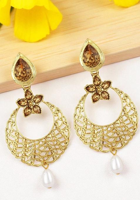 Gold Stones Studded Gold Plated Enamelled Chandbaali Earring With Pearl Drops