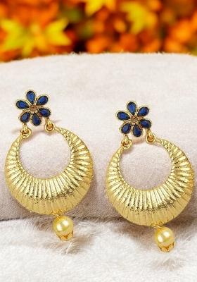 Blue Cubic Zircornia Studded Gold Plated Floral Drop Chandbali Earring