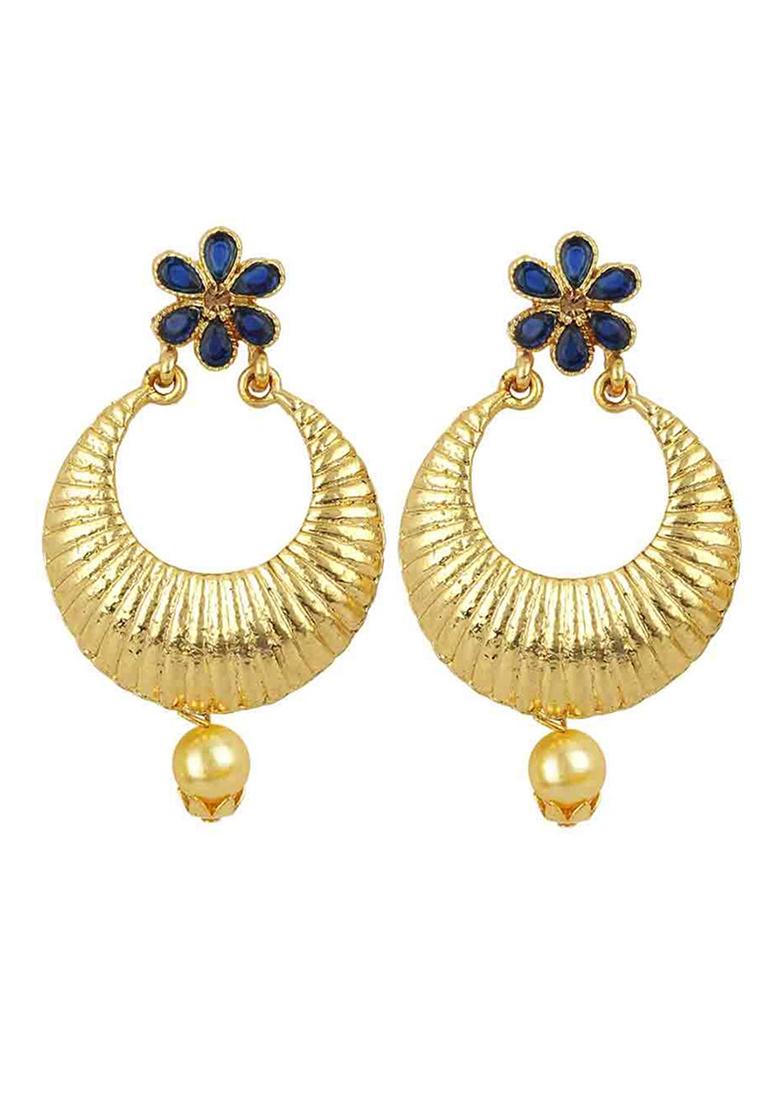 Blue Cubic Zircornia Studded Gold Plated Floral Drop Chandbali Earring - Indya
