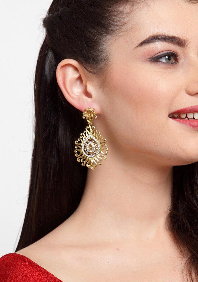 White And Gold Stone Stuuded Gold Plated Enamelled Drop Earring - Indya