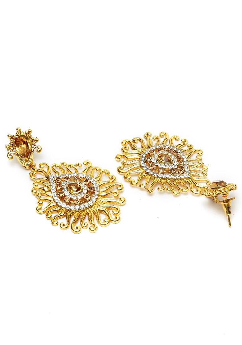 White And Gold Stone Stuuded Gold Plated Enamelled Drop Earring - Indya