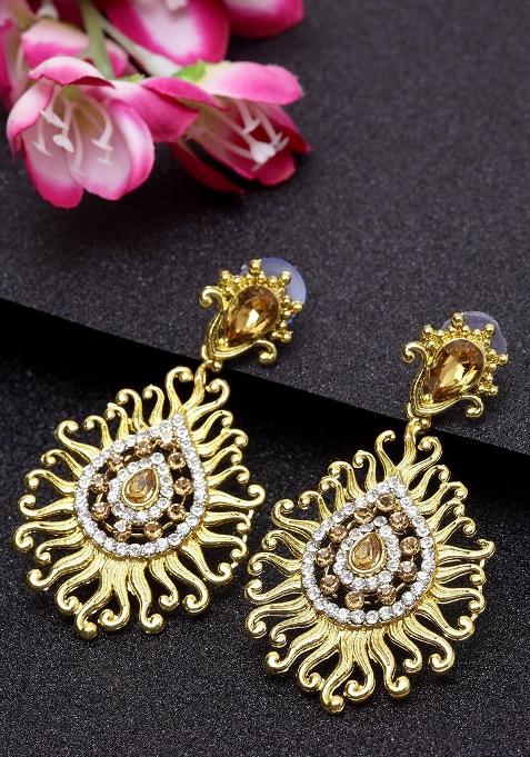 White And Gold Stone Stuuded Gold Plated Enamelled Drop Earring