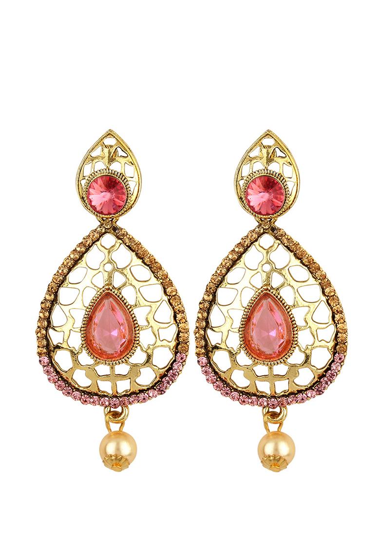 Gold Plated Big Cubic Zircornia Studded Enamelled Drop Earring With Pearl Drops - Indya