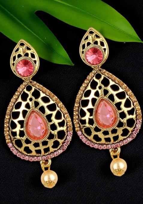 Gold Plated Big Cubic Zircornia Studded Enamelled Drop Earring With Pearl Drops