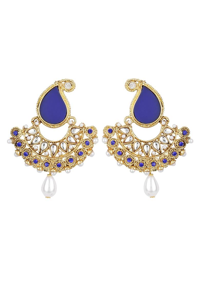 Paisley Blue And White Stones Studded Gold Plated Enamelled Chandbaali Earring - Indya