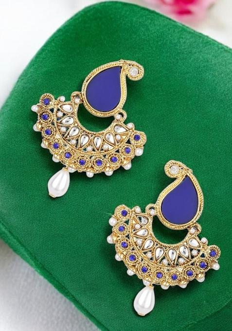 Paisley Blue And White Stones Studded Gold Plated Enamelled Chandbaali Earring