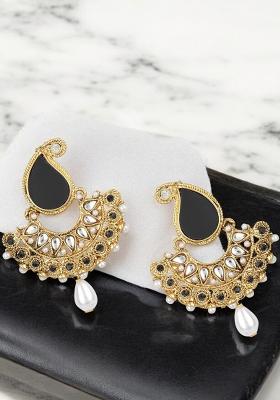 Paisley Black And White Stones Studded Gold Plated Enamelled Chandbaali Earring