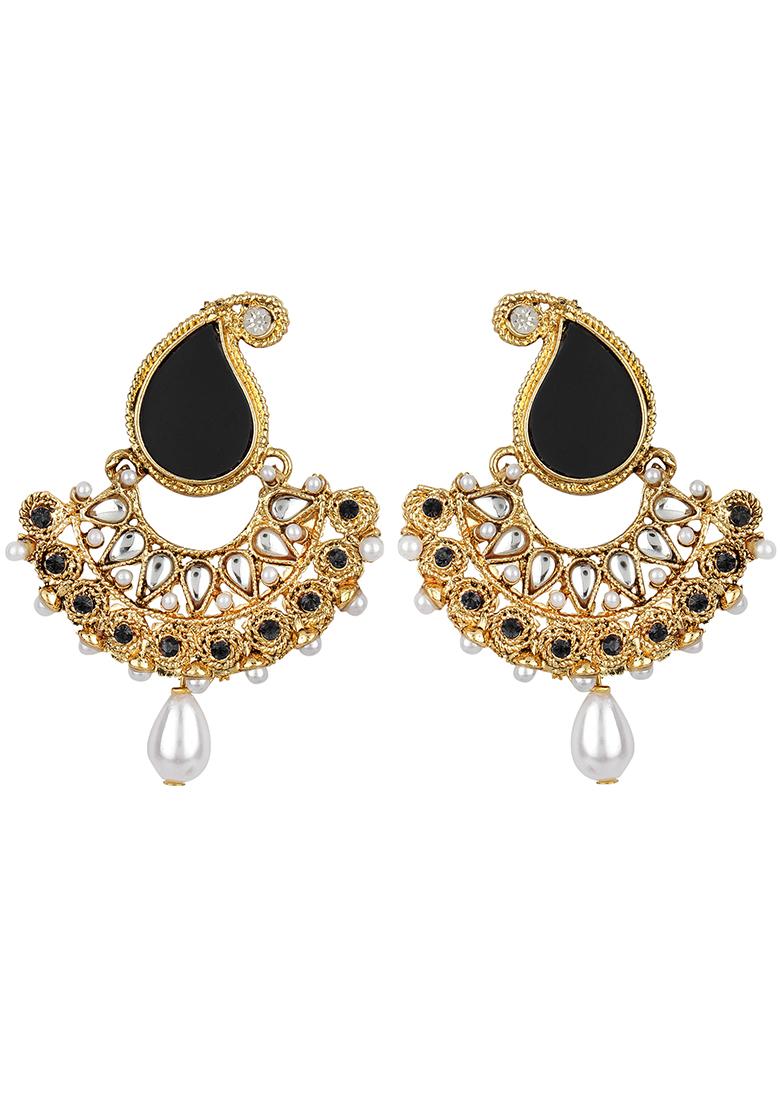 Paisley Black And White Stones Studded Gold Plated Enamelled Chandbaali Earring - Indya