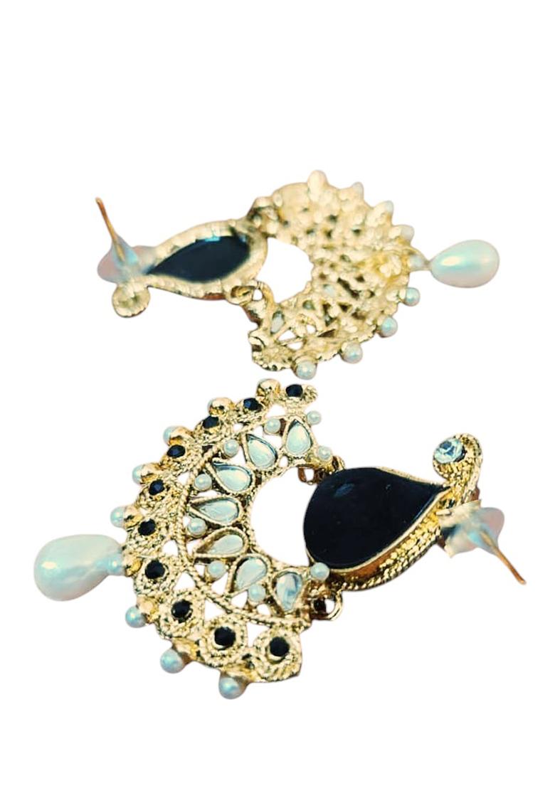 Paisley Black And White Stones Studded Gold Plated Enamelled Chandbaali Earring - Indya