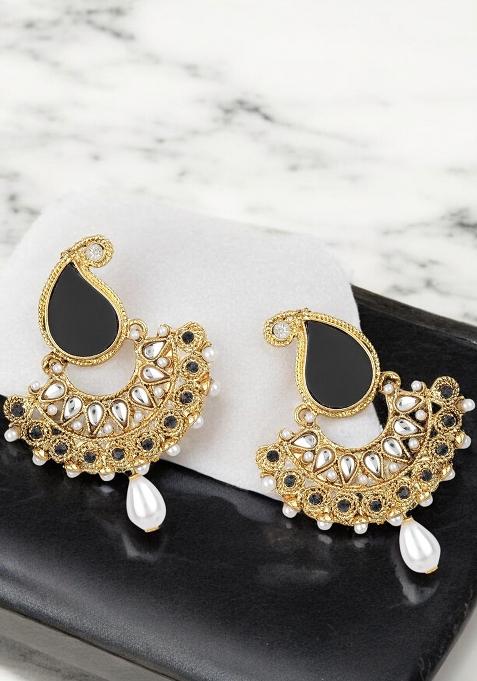 Paisley Black And White Stones Studded Gold Plated Enamelled Chandbaali Earring