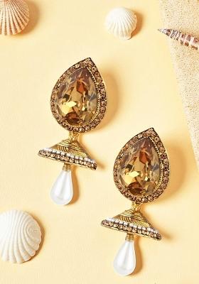 Gold Plated Big Cubic Zircornia Studded Enamelled Drop Earring With Pearl Drops