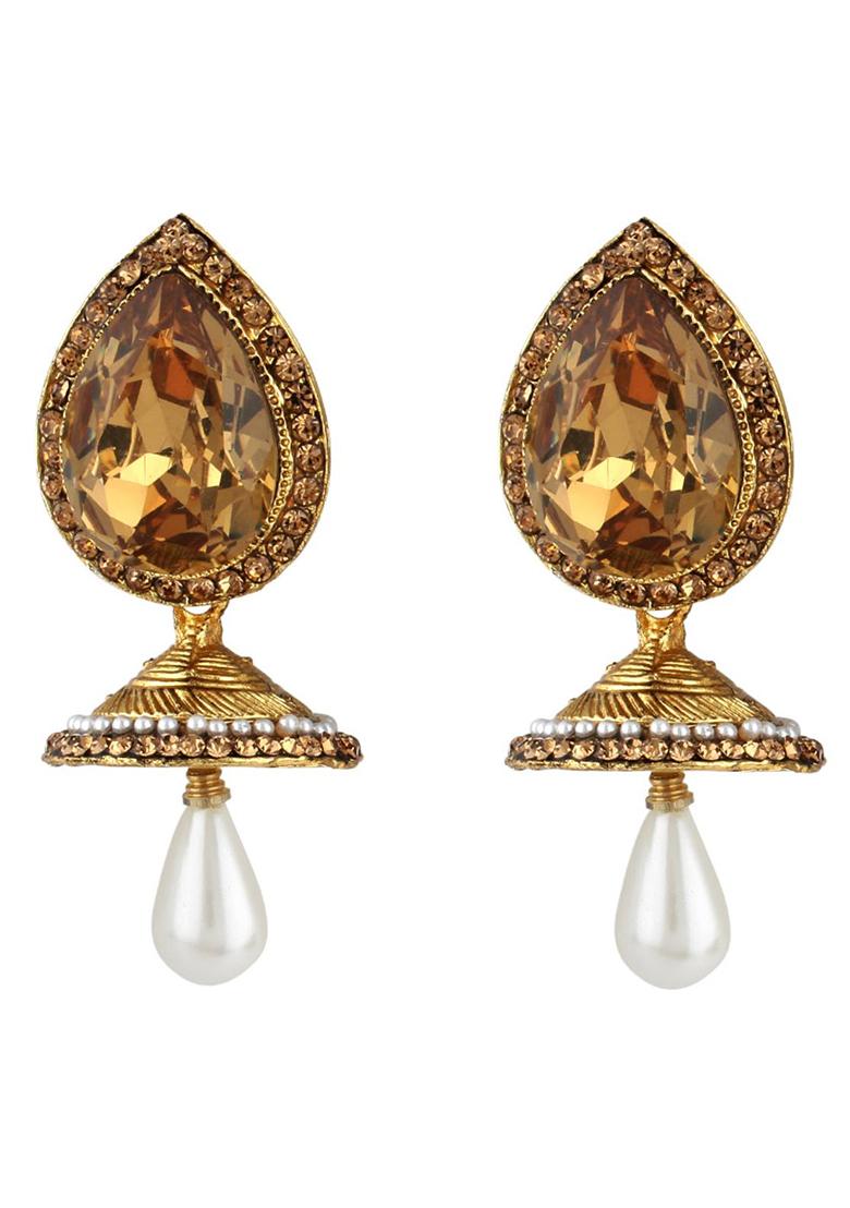 Gold Plated Big Cubic Zircornia Studded Enamelled Drop Earring With Pearl Drops - Indya