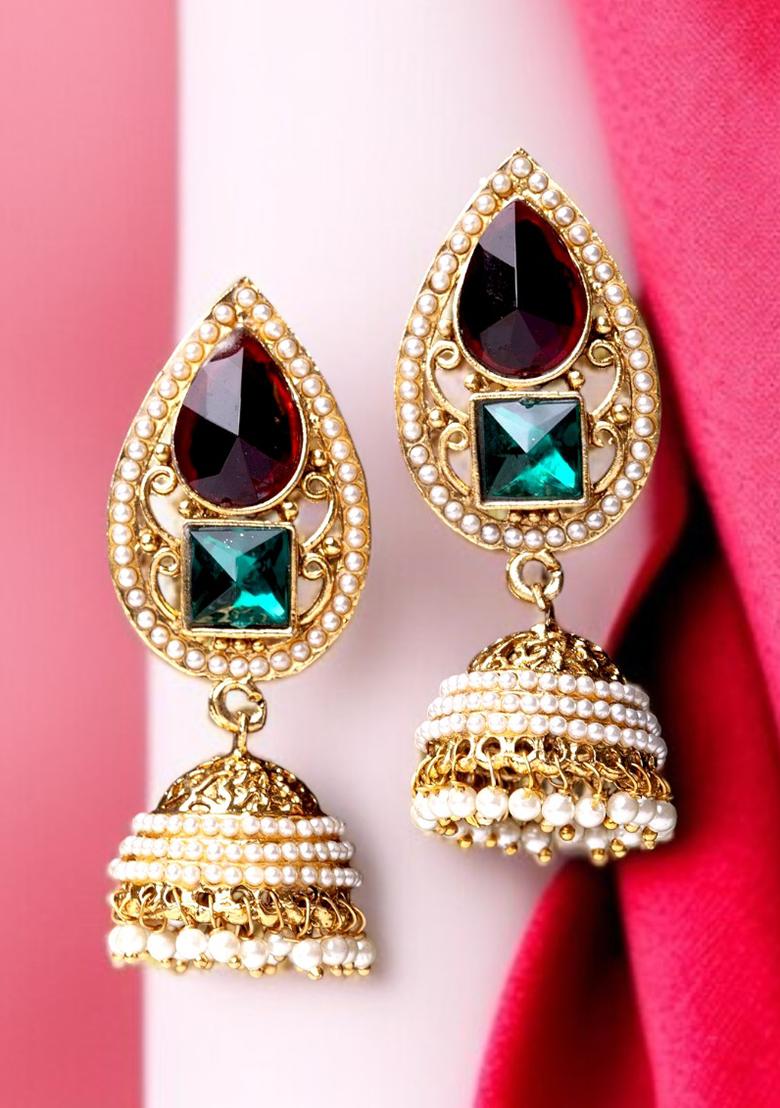 Paisley Gold Plated Multicolor Stone And Pearl Studded Drop Jhumka Earrings - Indya