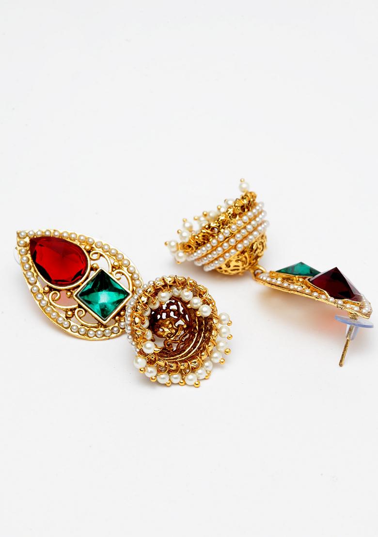Paisley Gold Plated Multicolor Stone And Pearl Studded Drop Jhumka Earrings - Indya