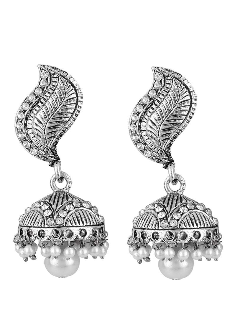Paisley Silver Plated White Stone And Pearl Studded Drop Earrings With White Drops - Indya