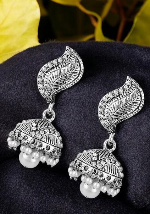 Paisley Silver Plated White Stone And Pearl Studded Drop Earrings With White Drops