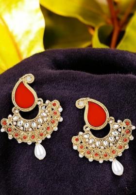 Paisley Gold Plated Red And White Cubic Zircornia Studded Chandbaali Earrings With White Drops