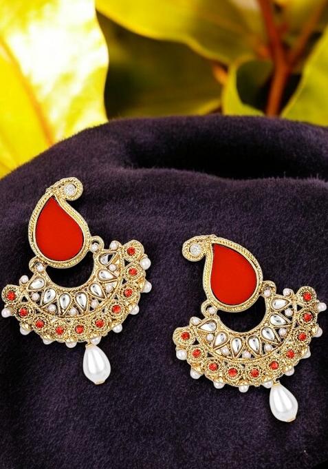 Paisley Gold Plated Red And White Cubic Zircornia Studded Chandbaali Earrings With White Drops