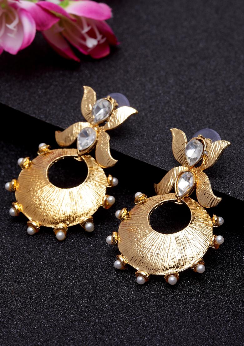 Round Shape Gold Tone Stylish Drop Earring Cubic Zirconia Brass Jhumki Earring - Indya