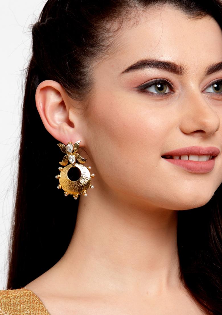 Round Shape Gold Tone Stylish Drop Earring Cubic Zirconia Brass Jhumki Earring - Indya