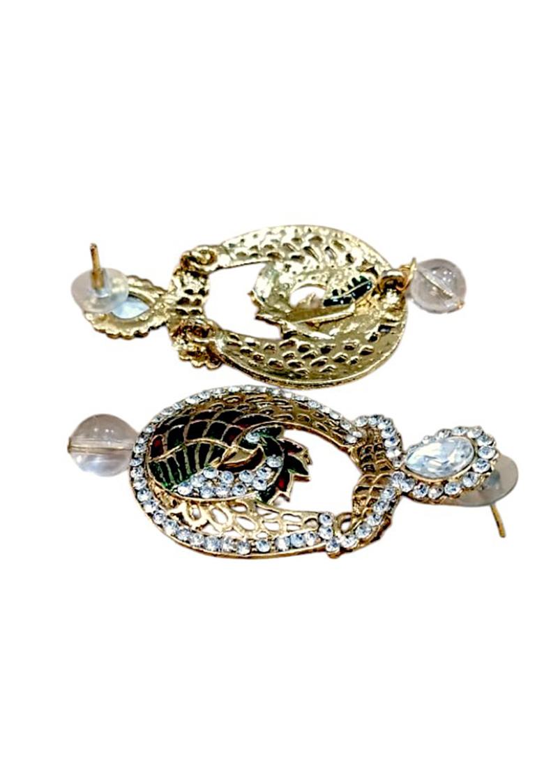 Designer Gold Plated Cubic Zircornia Studded Multi Color Enamelled Peacock Brass Drop Earrings - Indya