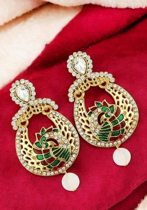 Designer Gold Plated Cubic Zircornia Studded Multi Color Enamelled Peacock Brass Drop Earrings