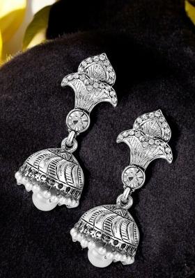 Silver Plated White Cubic Zircornia Studded Pearl Brass Drop Jhumka Earring