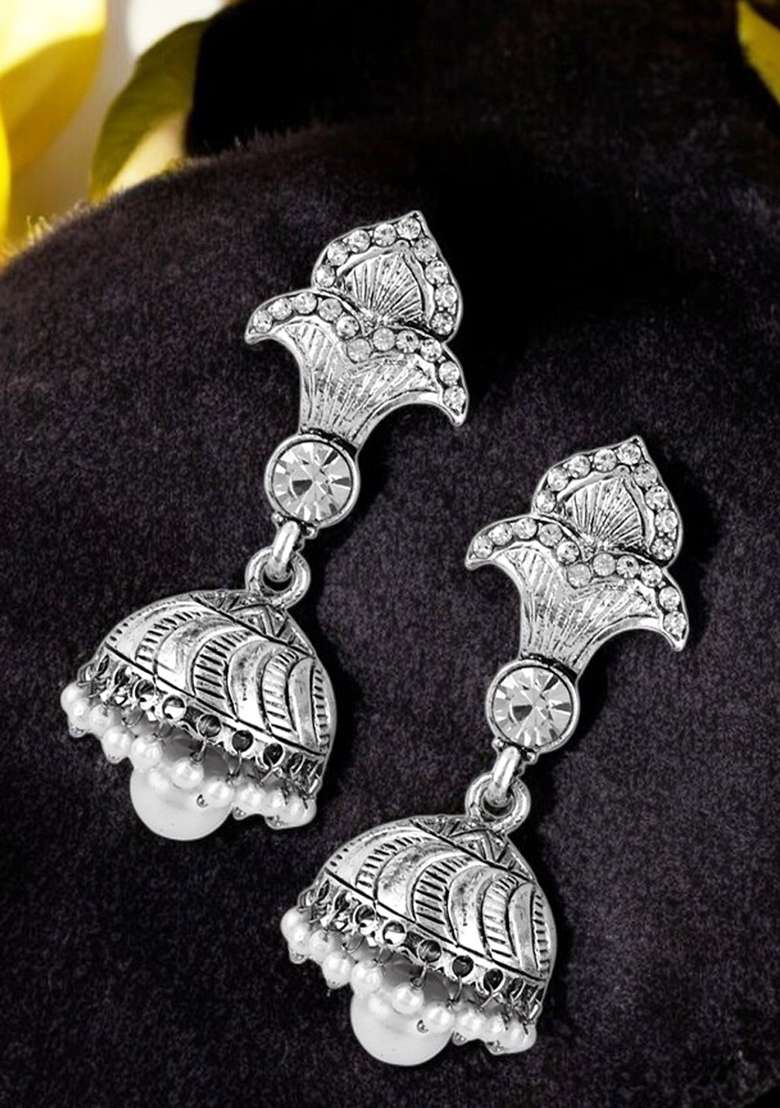 Silver Plated White Cubic Zircornia Studded Pearl Brass Drop Jhumka Earring - Indya