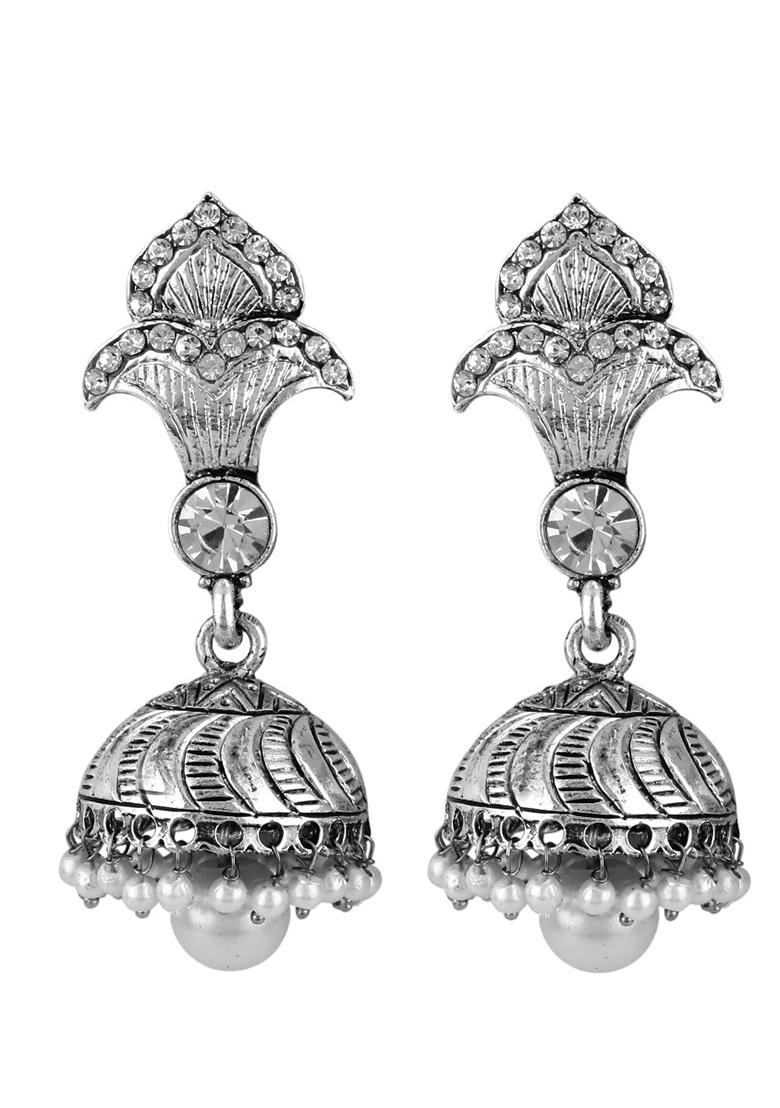 Silver Plated White Cubic Zircornia Studded Pearl Brass Drop Jhumka Earring - Indya