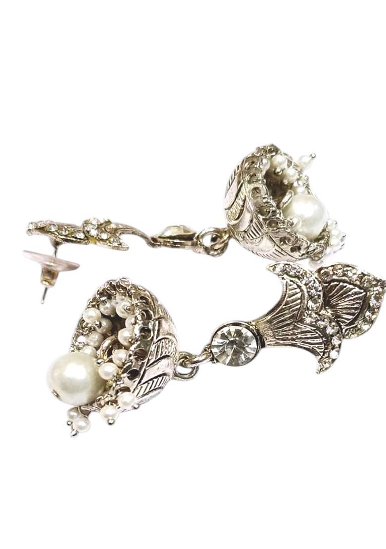 Silver Plated White Cubic Zircornia Studded Pearl Brass Drop Jhumka Earring - Indya