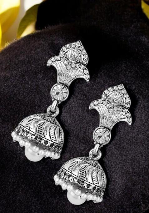 Silver Plated White Cubic Zircornia Studded Pearl Brass Drop Jhumka Earring
