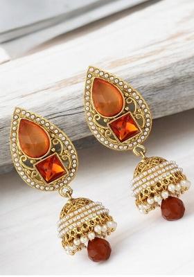 Orange Stone And Pearl Studded Gold Plated Brass Drop Jhumka Earrings