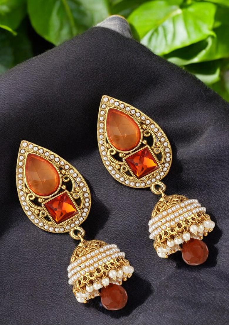 Orange Stone And Pearl Studded Gold Plated Brass Drop Jhumka Earrings - Indya