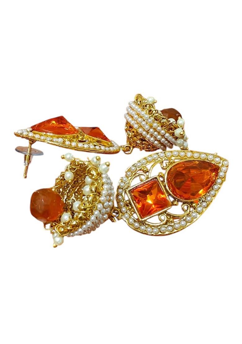 Orange Stone And Pearl Studded Gold Plated Brass Drop Jhumka Earrings - Indya