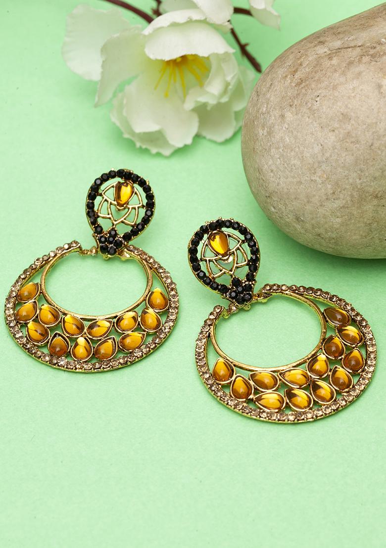 Designer Cubic Zircornia Studded Gold Plated Enamelled Chandbali Earring - Indya