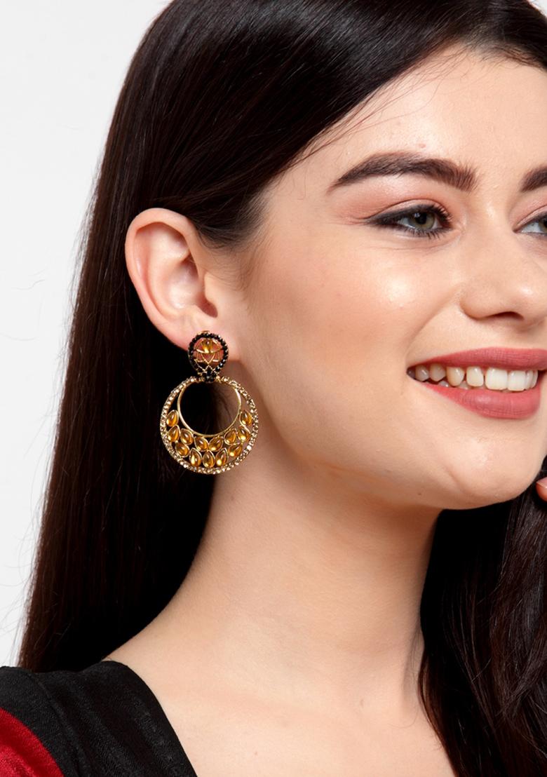 Designer Cubic Zircornia Studded Gold Plated Enamelled Chandbali Earring - Indya