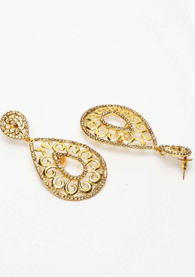 Trendy Cubic Zircornia Studded Gold Plated Enamelled Drop Earring - Indya