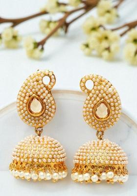 Paisley Gold Plated Pearls Studded Big Stone Stylish Drop Jhumka Earring