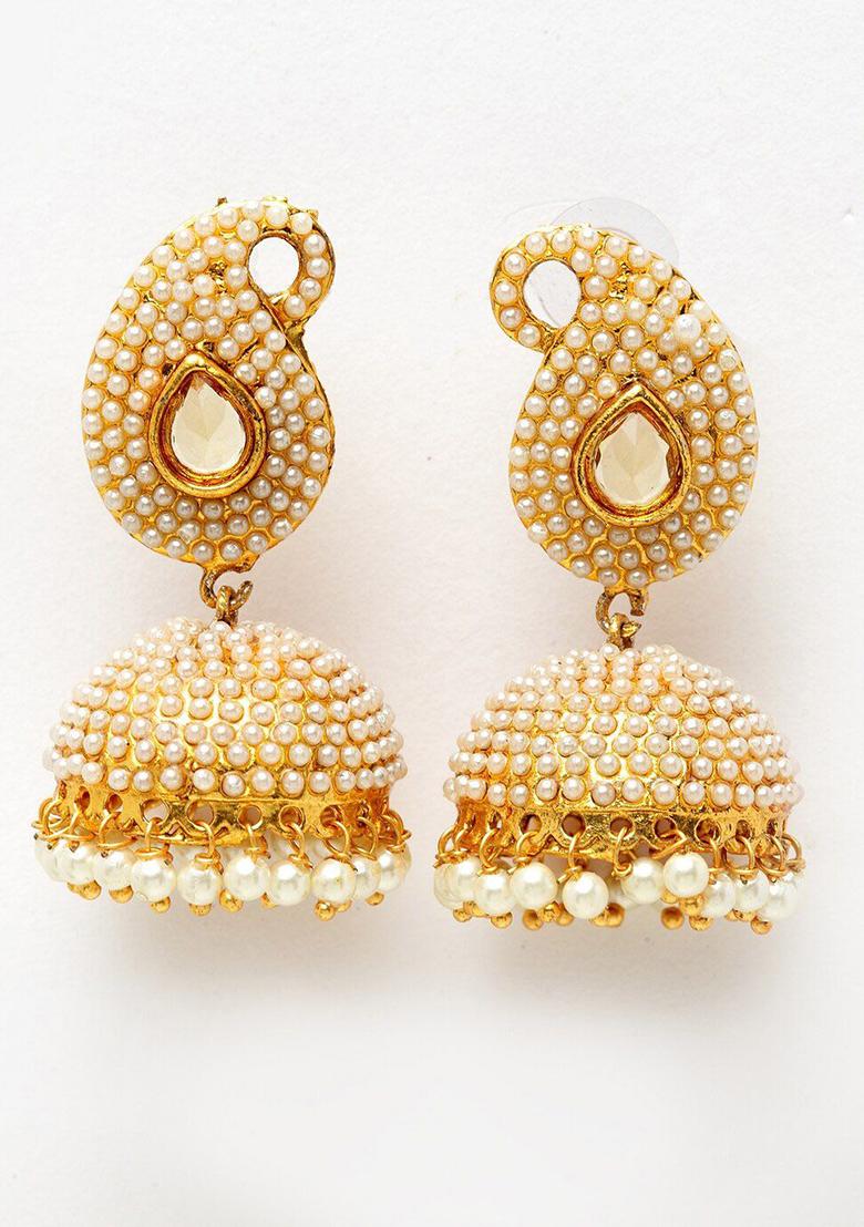 Paisley Gold Plated Pearls Studded Big Stone Stylish Drop Jhumka Earring - Indya
