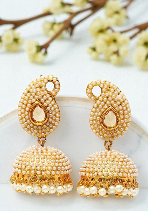Paisley Gold Plated Pearls Studded Big Stone Stylish Drop Jhumka Earring