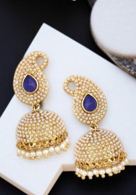 Paisley Gold Plated Pearls Studded Blue Big Stone Stylish Drop Jhumka Earring