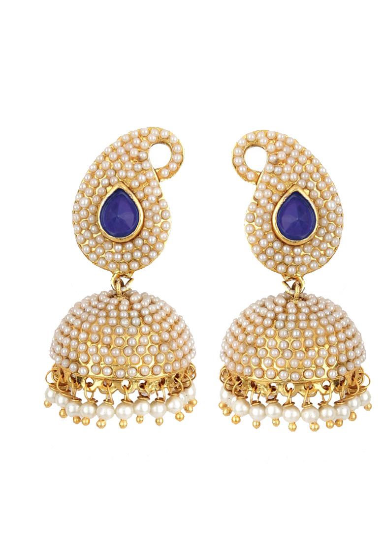 Paisley Gold Plated Pearls Studded Blue Big Stone Stylish Drop Jhumka Earring - Indya