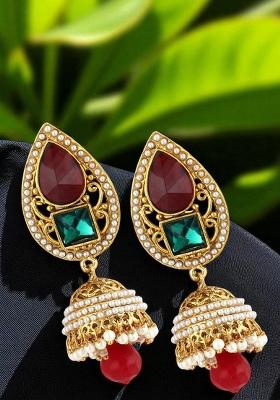 Paisley Multi Color Kundan Studded Gold Plated Pearly Drop Jhumka Earrings
