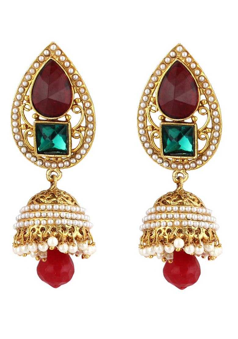 Paisley Multi Color Kundan Studded Gold Plated Pearly Drop Jhumka Earrings - Indya