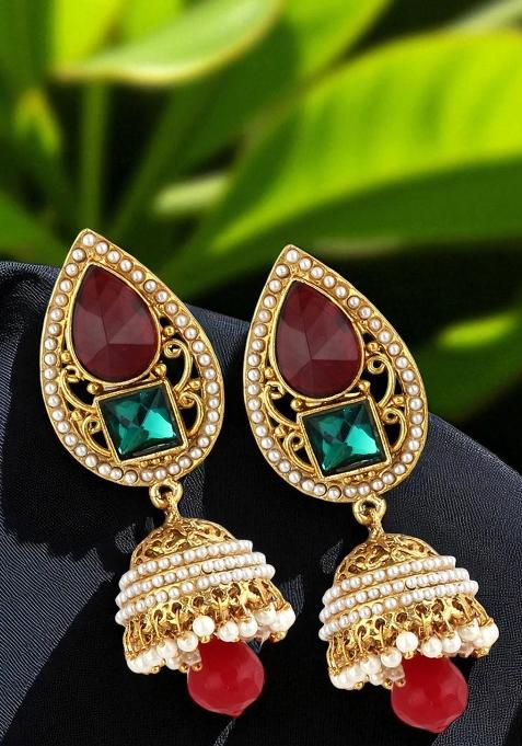 Paisley Multi Color Kundan Studded Gold Plated Pearly Drop Jhumka Earrings
