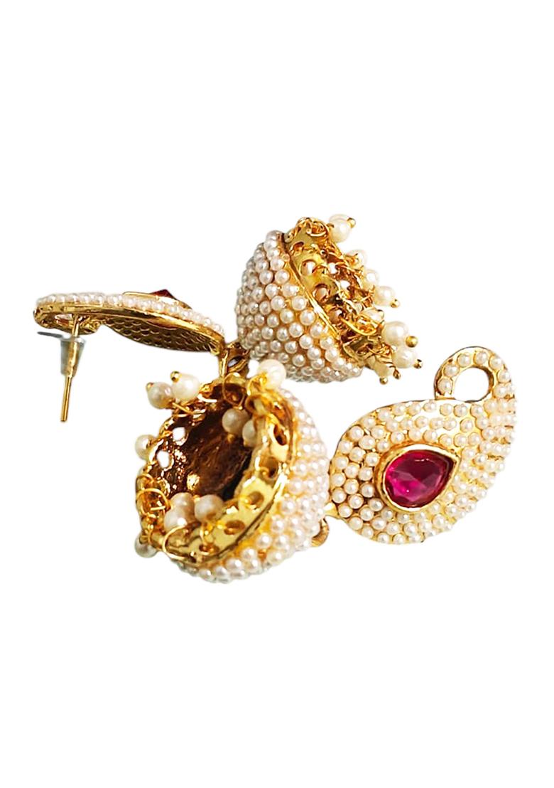 Gold Plated Pearl And Pink Stone Studded Drop Jhumka Earring - Indya