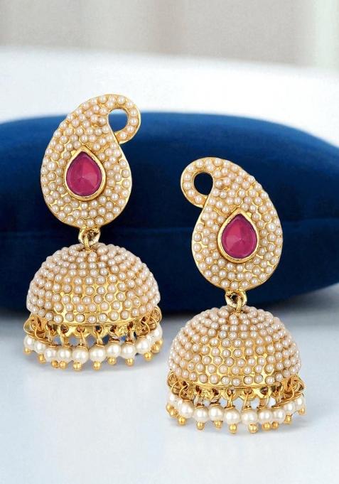 Gold Plated Pearl And Pink Stone Studded Drop Jhumka Earring
