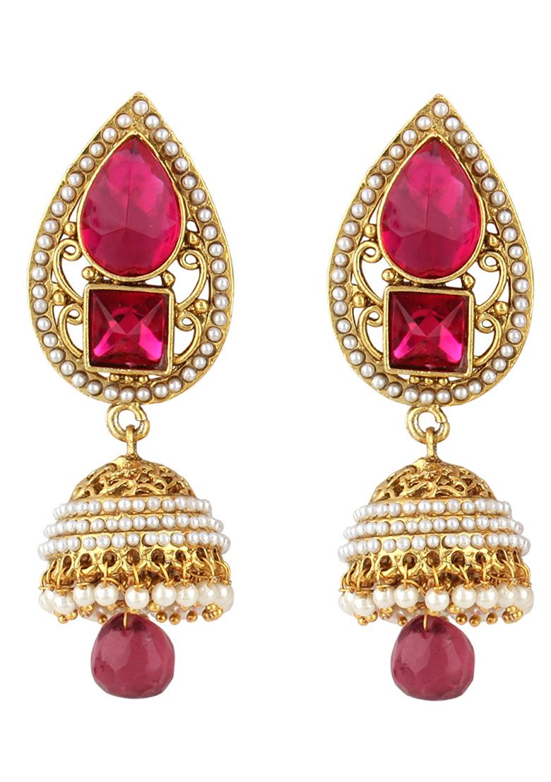 Paisley Purple Kundan And Pearl Studded Gold Plated Brass Drop Jhumka Earring - Indya