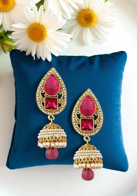 Paisley Purple Kundan And Pearl Studded Gold Plated Brass Drop Jhumka Earring